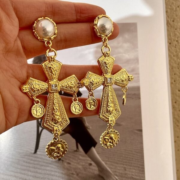 Gold Color Cross Shape Long Dangle Earrings with Coin Tessel and Imitation Pearl - Image 4