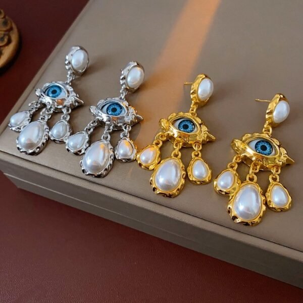 Blue Eyes Imitation Pearl Tessel Dangle Earrings Gold Color / Silver Color