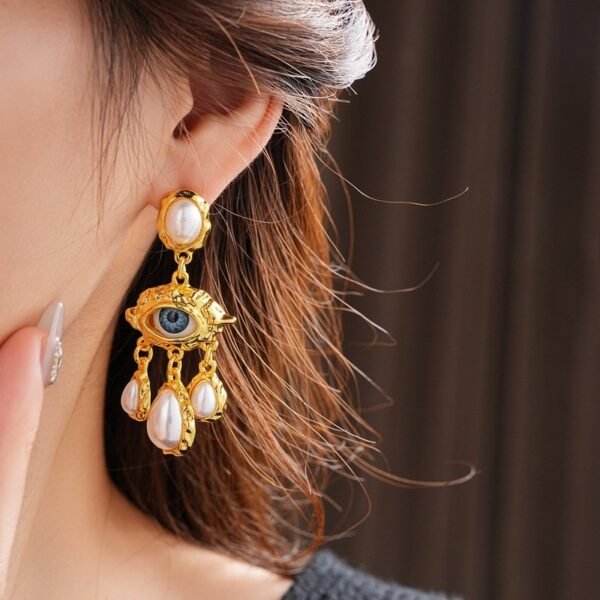 Blue Eyes Imitation Pearl Tessel Dangle Earrings Gold Color / Silver Color - Image 3