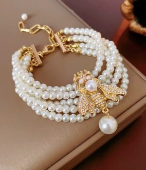 Vintage Design Statement Necklace Multi Layered Imitation Pearl Chain Gold Bumblebee Earrings / Bracelet / Necklace / Jewelry Set - Bracelet