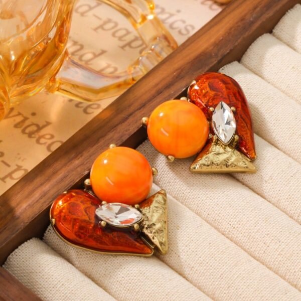 Asymethric Design 18K Gold Plated Vintage Style Red Enamel Clor Orange Ball Heart Shape Stud Earrings