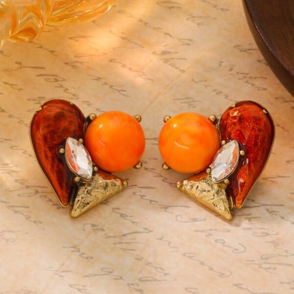 Asymethric Design 18K Gold Plated Vintage Style Red Enamel Clor Orange Ball Heart Shape Stud Earrings - Image 2