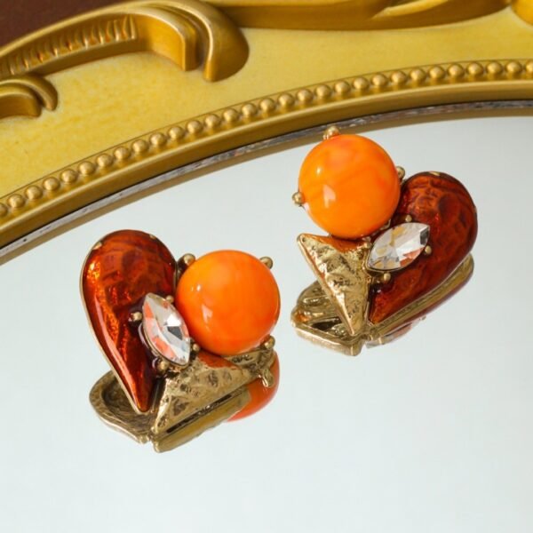 Asymethric Design 18K Gold Plated Vintage Style Red Enamel Clor Orange Ball Heart Shape Stud Earrings - Image 3