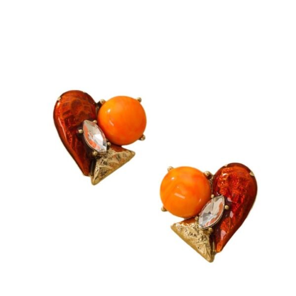 Asymethric Design 18K Gold Plated Vintage Style Red Enamel Clor Orange Ball Heart Shape Stud Earrings - Image 5