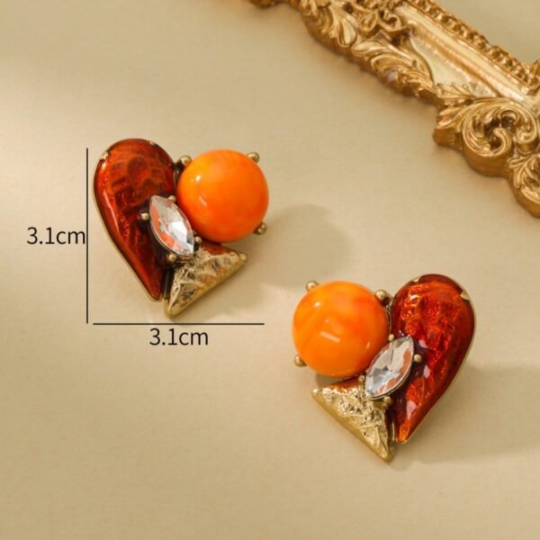 Asymethric Design 18K Gold Plated Vintage Style Red Enamel Clor Orange Ball Heart Shape Stud Earrings - Image 4