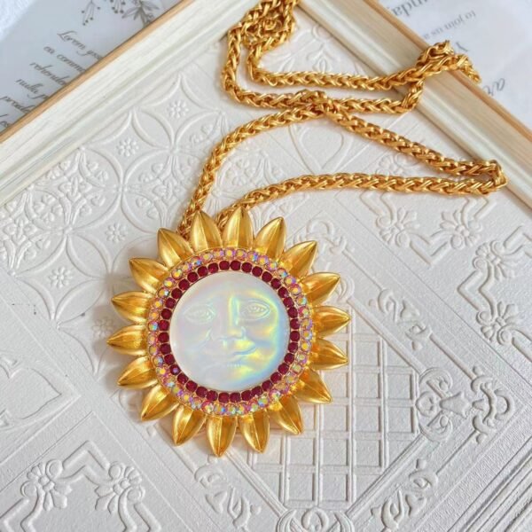 Vintage Design 18K Gold Plated Rhinestone Inlaid Moon Face Sunflower Brooch Pendant / Stud Earrings / Chain / Set - Image 5