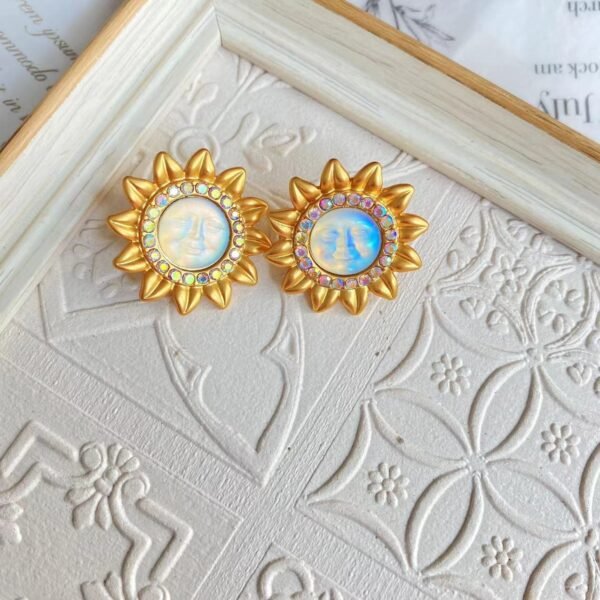 Vintage Design 18K Gold Plated Rhinestone Inlaid Moon Face Sunflower Brooch Pendant / Stud Earrings / Chain / Set - Image 2