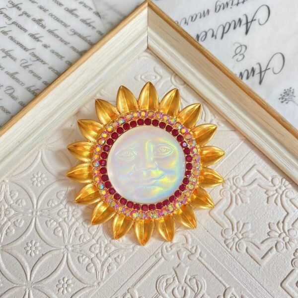 Vintage Design 18K Gold Plated Rhinestone Inlaid Moon Face Sunflower Brooch Pendant / Stud Earrings / Chain / Set - Image 3