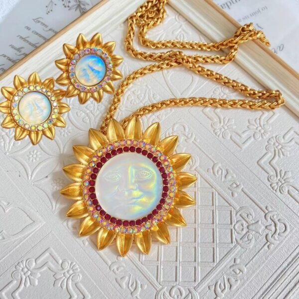 Vintage Design 18K Gold Plated Rhinestone Inlaid Moon Face Sunflower Brooch Pendant / Stud Earrings / Chain / Set
