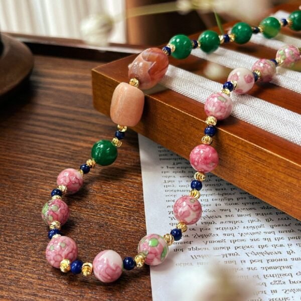 Lapis lazuli Agate Stone Pink Color Ceramic Natural Stone Green Beaded Chain Colorful Chinese-style Collar Bone Necklace / Earrings / Jewelry Sets