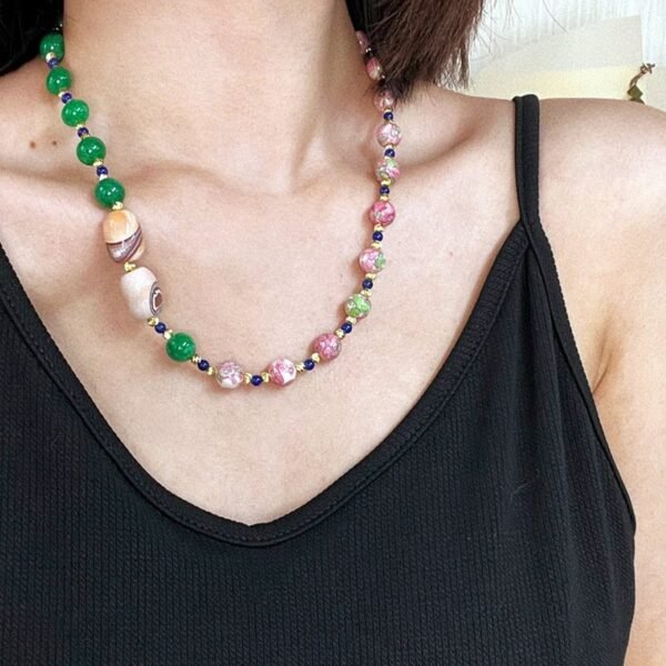 Lapis lazuli Agate Stone Pink Color Ceramic Natural Stone Green Beaded Chain Colorful Chinese-style Collar Bone Necklace / Earrings / Jewelry Sets - Image 2