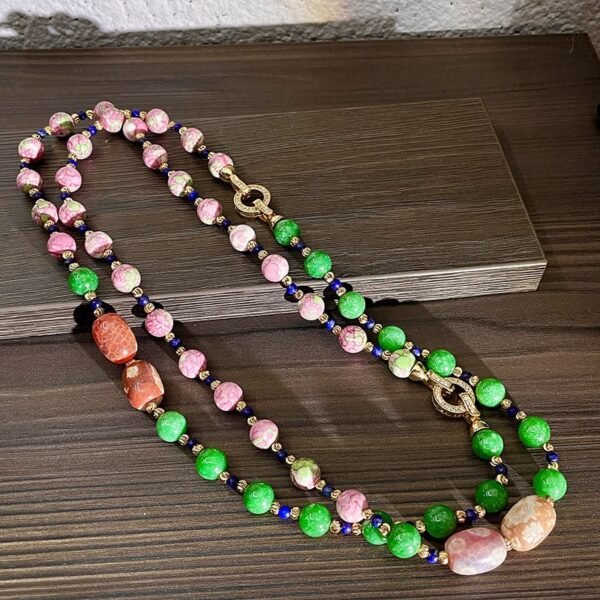 Lapis lazuli Agate Stone Pink Color Ceramic Natural Stone Green Beaded Chain Colorful Chinese-style Collar Bone Necklace / Earrings / Jewelry Sets - Image 4
