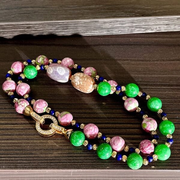 Lapis lazuli Agate Stone Pink Color Ceramic Natural Stone Green Beaded Chain Colorful Chinese-style Collar Bone Necklace / Earrings / Jewelry Sets - Image 6
