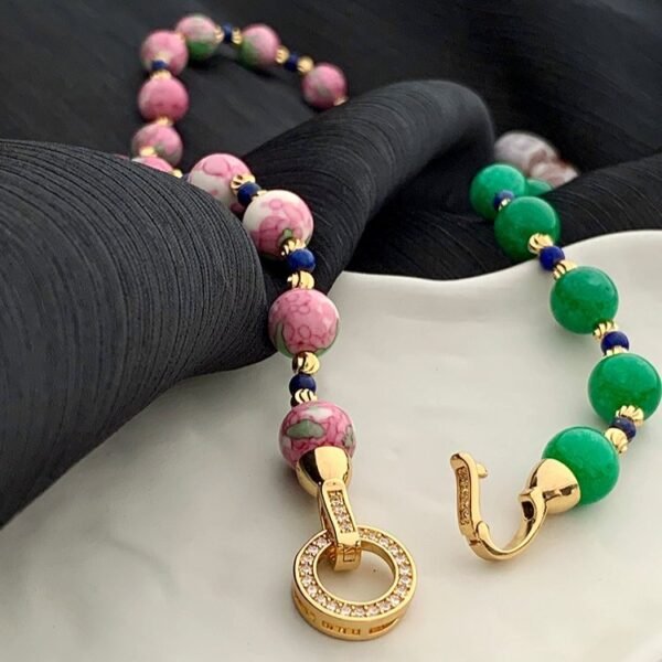Lapis lazuli Agate Stone Pink Color Ceramic Natural Stone Green Beaded Chain Colorful Chinese-style Collar Bone Necklace / Earrings / Jewelry Sets - Image 7
