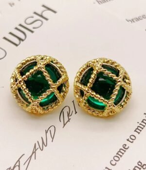 Hollow Three-Dimensional Checkered Semicircular Green Resin Earrings