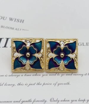 Vintage Blue Drip Glaze Four-Leaf Flower Earrings