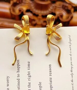 Ribbon Citrine Inlaid Copper-Gilt Brushed Bow Earrings