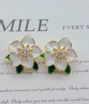 Vintage White Enamel Flower Green Leaf Earrings