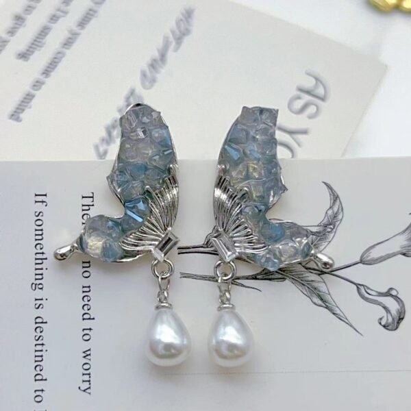 Blue Crystal Butterfly Imitation Pearl Earrings