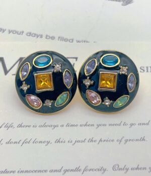 Enamel Glaze Colored Rhinestone Geometric Round Earrings