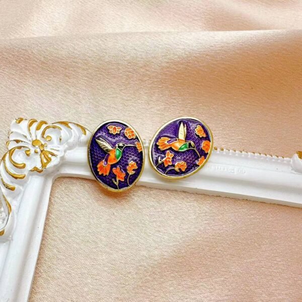 Vintage Relief Enamel Hummingbird Earrings