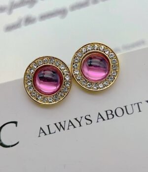 Vintage Pink Round Diamond Glass Earrings