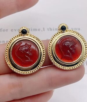 Vintage Ancient Roman Knight Head Relief Plain Gold Earrings
