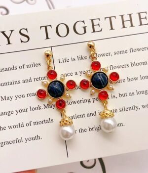 Vintage Cross Colored Gemstone Long Tassel Elegant Earrings