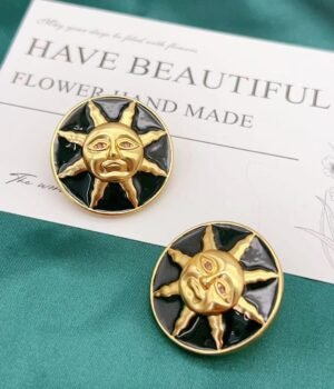 Vintage Sun Face Enamel Earrings Copper Plated With Gold