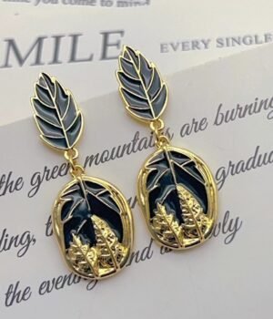 Vintage Black Enamel Double Leaf Earrings