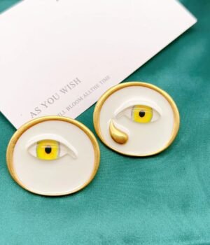 Vintage White Drip Glaze Yellow Eye Tears Asymmetrical Earrings