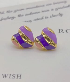 Enamel Glaze Purple Stripe Gold Heart Earrings