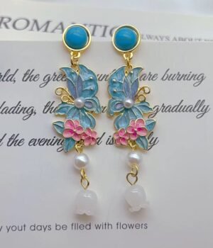 Chinese Style Drip Glaze Blue Flower Butterfly Elegant Earrings