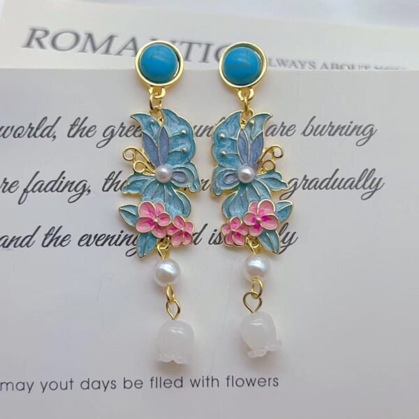 Chinese Style Drip Glaze Blue Flower Butterfly Elegant Earrings