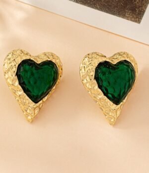 Vintage Green Lava Heart Glass Texture Earrings