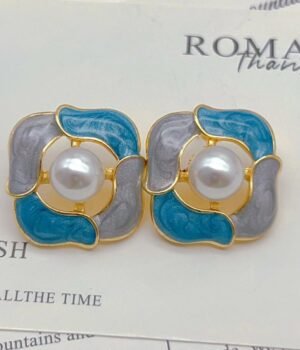 Vintage Blue And Gray Color Matching Imitation Pearl Glaze Drip Earrings