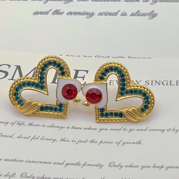 Vintage Diamond Inlaid Enamel Glaze Heart Earrings