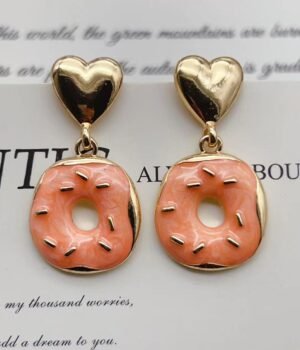 Gold Love Heart Pink Orange Donut Earrings Enamel Glaze