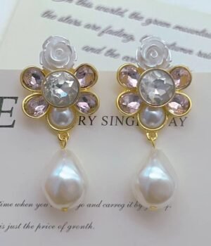 Baroque Large Water Drop Rhinestone Flower Earrings