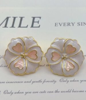 Vintage White Enamel Pink Flower Earrings