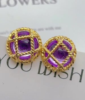 Hollow Three-Dimensional Checkered Semicircular Purple Resin Earrings