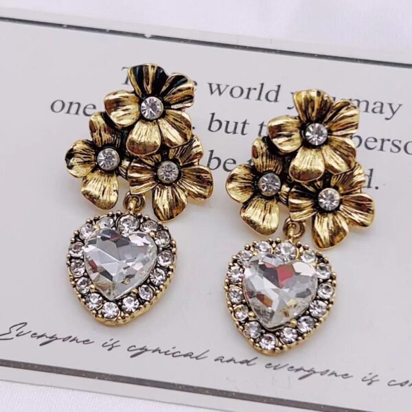 Vintage Rose Flower Heart Diamond Earrings