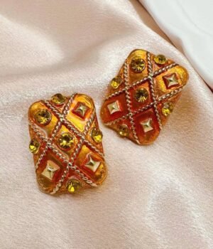 Vintage Orange Enamel Diamond-Shaped Earrings With Rectangular Earrings