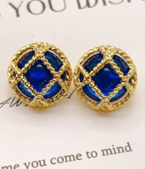 Hollow Three-Dimensional Checkered Semicircular Blue Resin Earrings