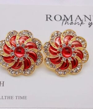 Vintage Red Enamel Glaze Three-Dimensional Large Flower Diamond Inlaid Earrings