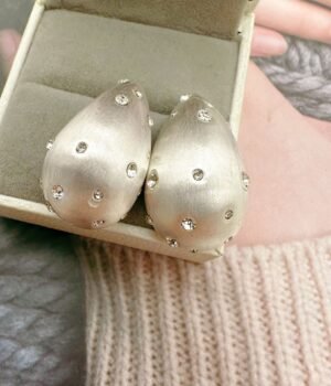 Frosted Brushed Silver Water Drop Earrings With Diamonds