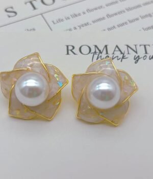 White Drip Glaze Camellia Imitation Pearl Earrings