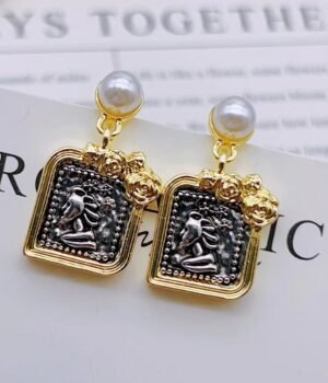 Round Imitation Pearl Ancient Roman Head Relief Gold Earrings
