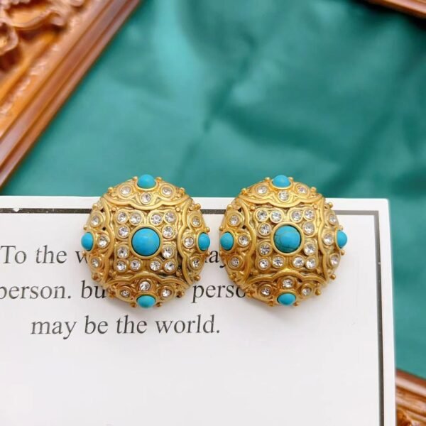 Vintage Auspicious Cloud Pattern Turquoise Round Earrings