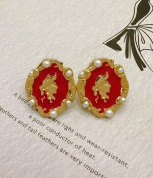 Vintage Red Enamel Glaze Portrait Relief Imitation Pearl Inlaid Earrings